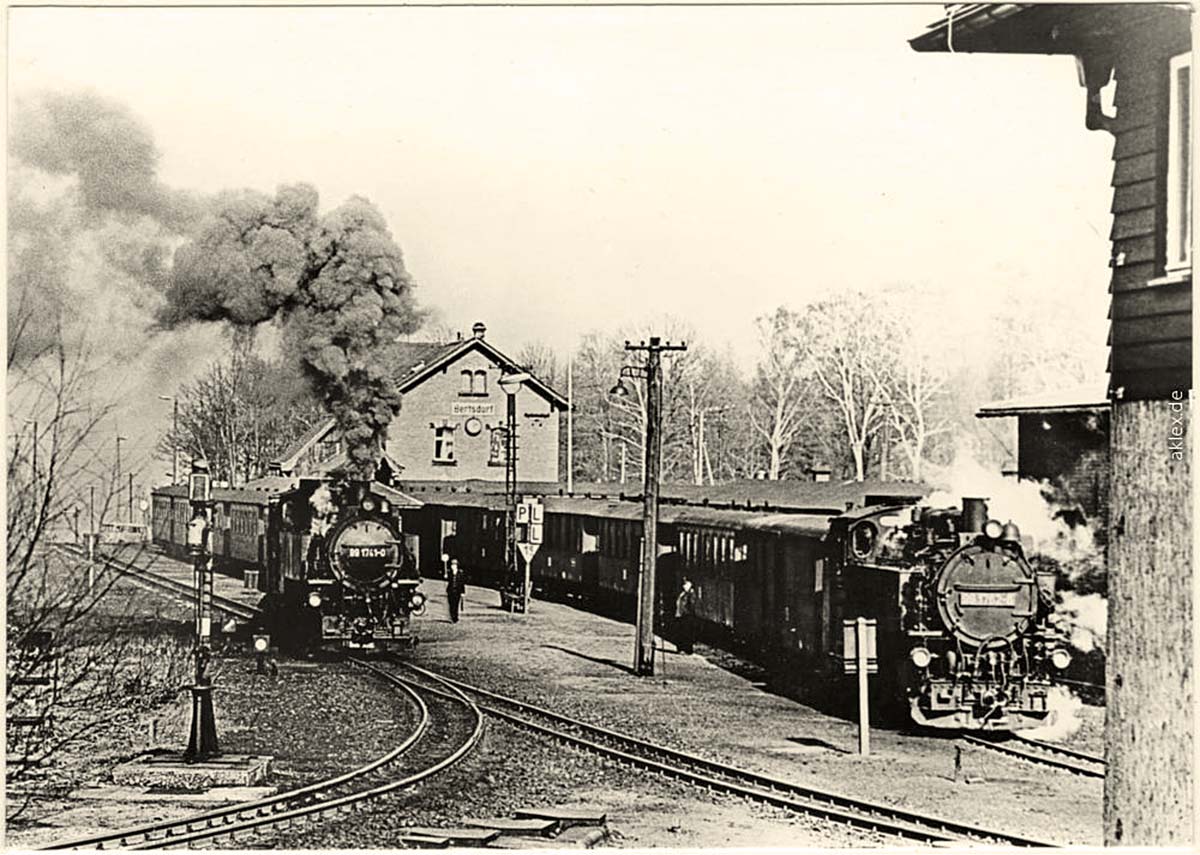 Bertsdorf-Hörnitz. Bahnhof - Zügen mit Dampflokomotiven, 1982