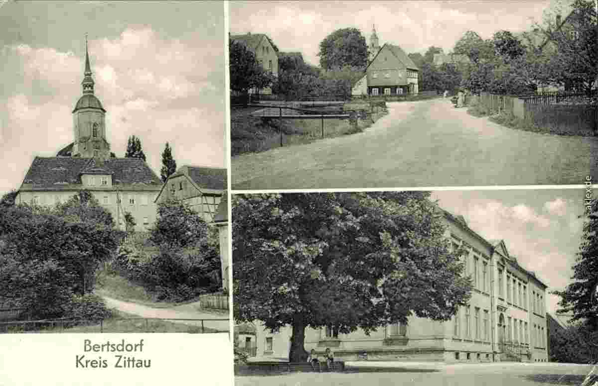 Bertsdorf-Hörnitz. Kirche, Schule, Straßenansicht