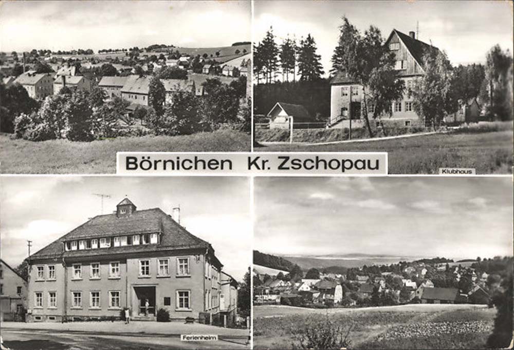 Börnichen (Erzgebirgs). Panorama von Ortschaft, Klubhaus, Ferienheim