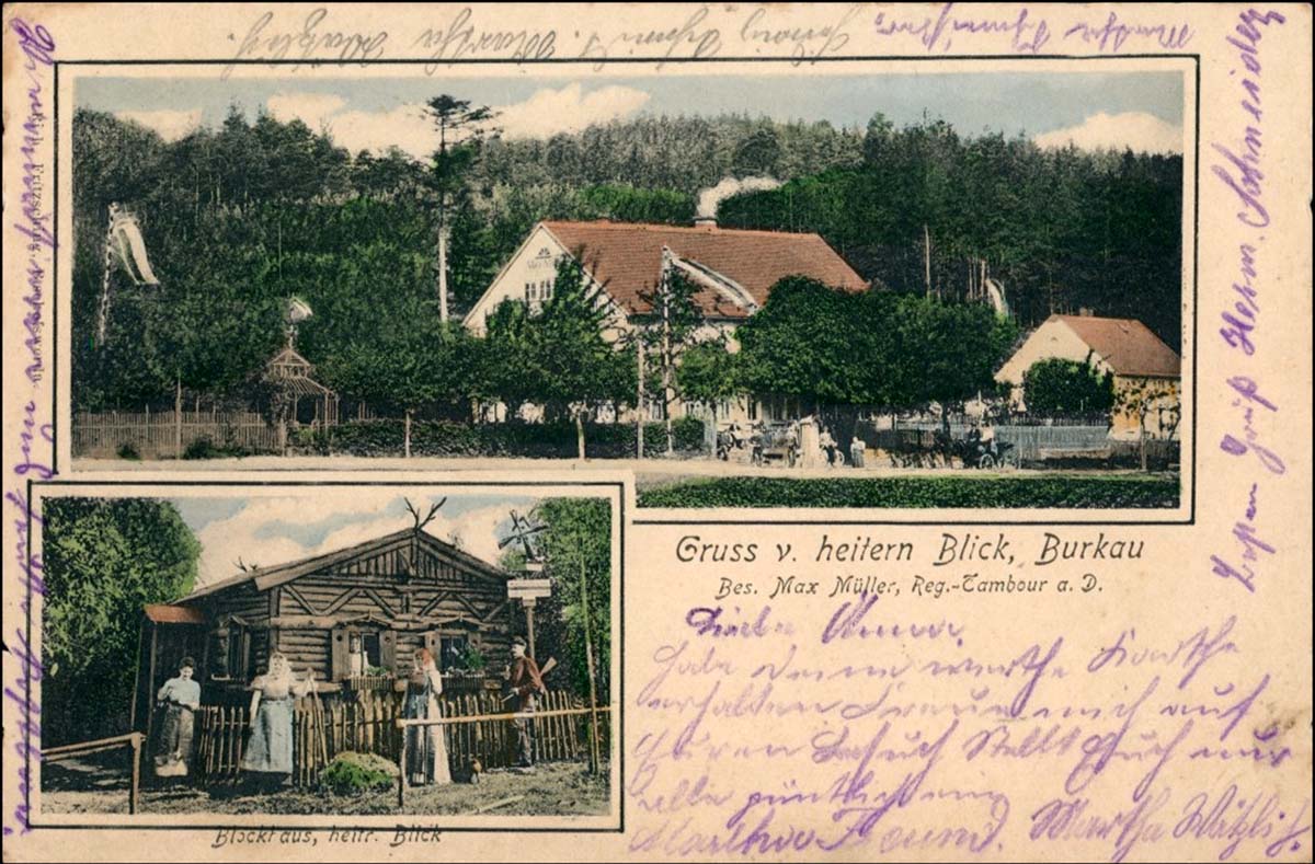 Burkau (Porchow). Gasthaus 'Zum heiteren Blick', Inhaber Max Müller, 1901