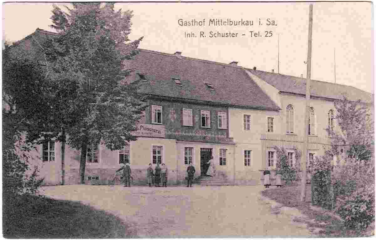 Burkau. Gasthof Mittel-Burkau, Inhaber R. Schuster, um 1920