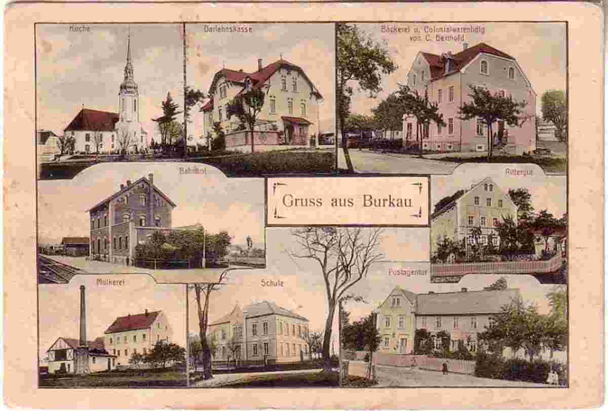 Burkau. Kirche, Darlehnskasse, Bäckerei und Colonialwarenhandlung, Bahnhof, Rittergut, Molkerei, Schule, Postagentur