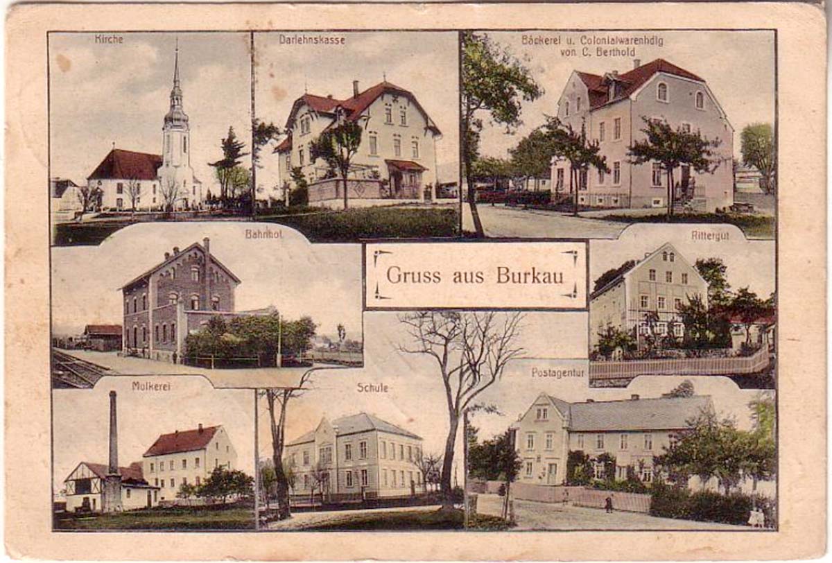 Burkau (Porchow). Kirche, Darlehnskasse, Bäckerei und Colonialwarenhandlung, Bahnhof, Rittergut, Molkerei, Schule, Postagentur