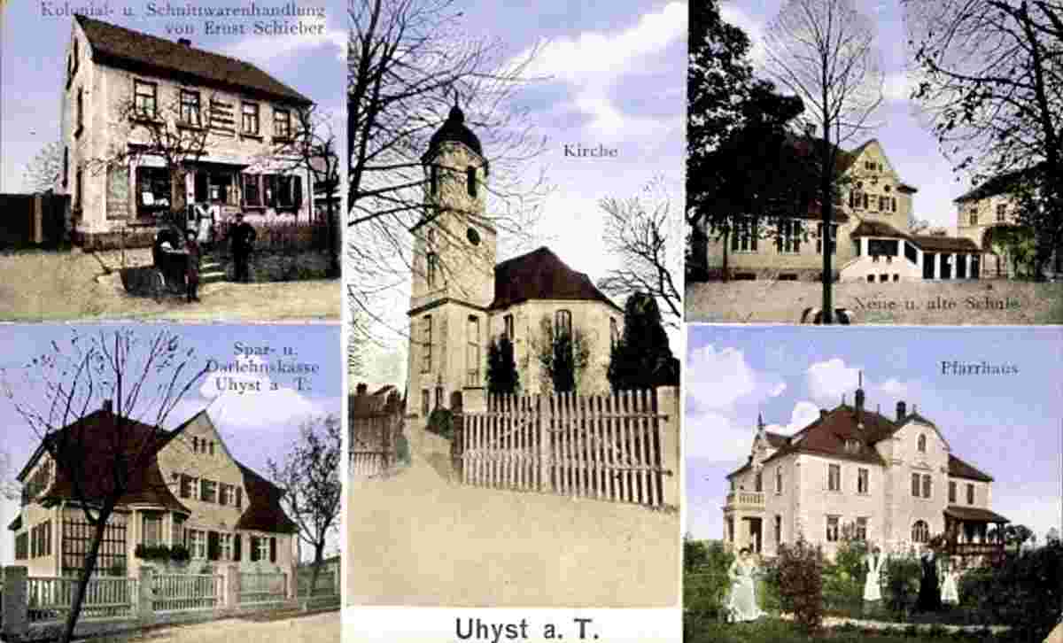 Burkau. Uhyst am Taucher - Kirche, Kolonialwarenhandlung von Ernst Schieber, Pfarrhaus, Schule, 1915