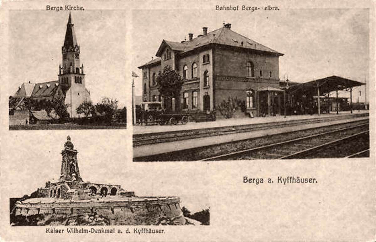 Berga (Kyffhäuser). Bahnhof, Kirche, Kaiser Wilhelm-Denkmal, 1940