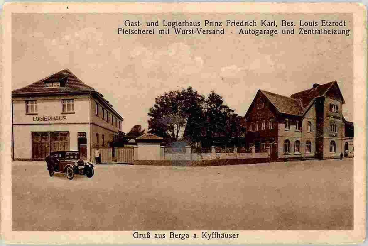 Berga. Gast- und Logierhaus Prinz Friedrich Karl, Fleischerei mit Wurst-Versand, 1920