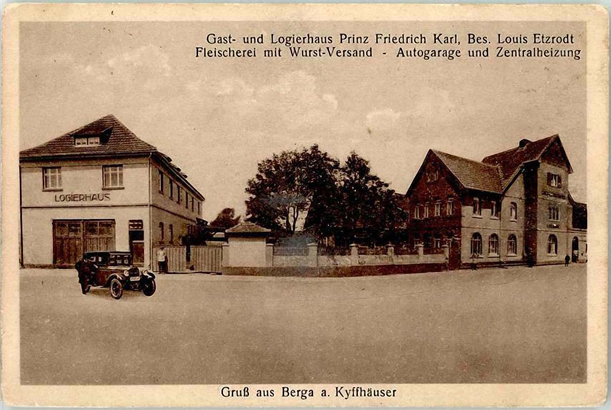 Berga (Kyffhäuser). Gast- und Logierhaus Prinz Friedrich Karl, Fleischerei mit Wurst-Versand, 1920