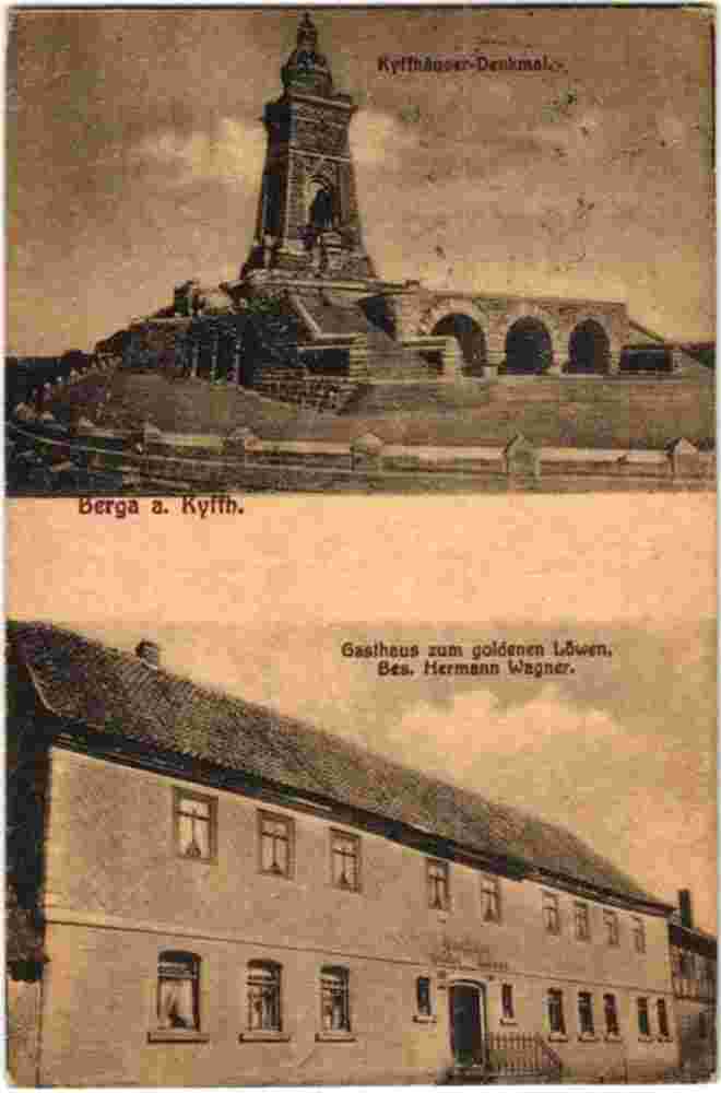 Berga. Gasthof zum goldenen Löwen von Hermann Wagner, Kaiser Wilhelm-Denkmal