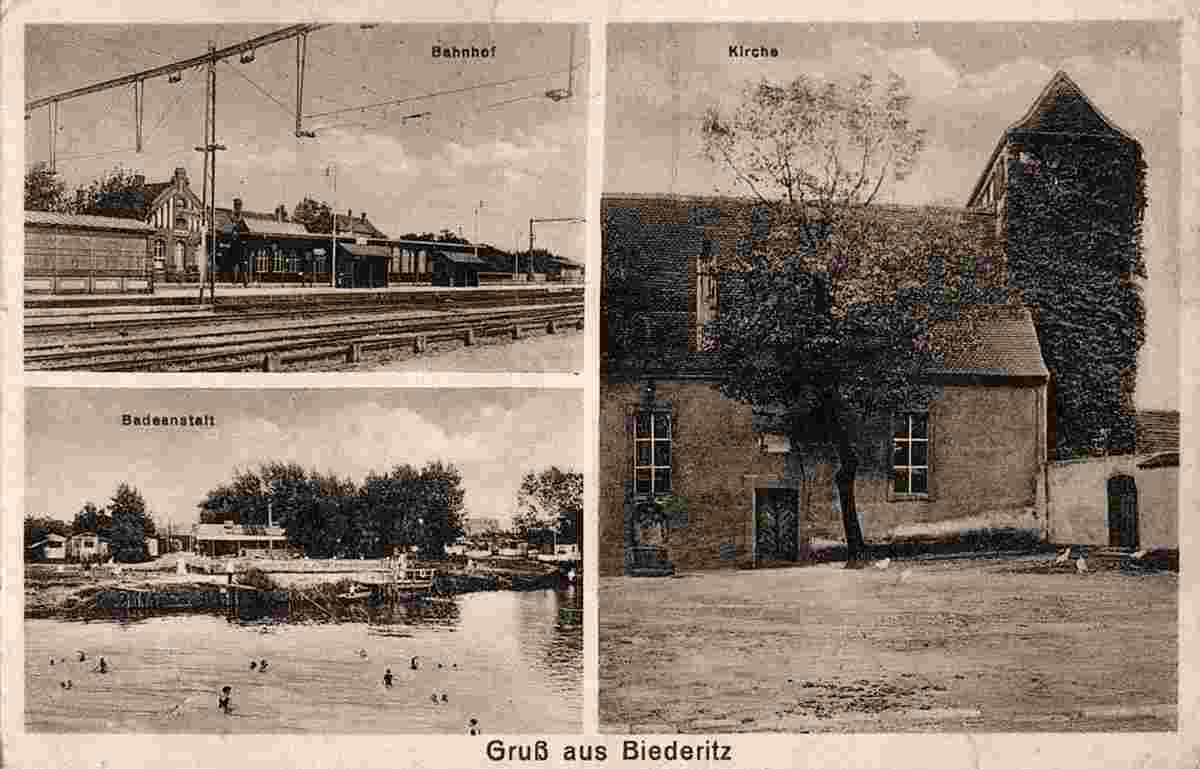 Biederitz. Bahnhof, Badeanstalt, Kirche, um 1910