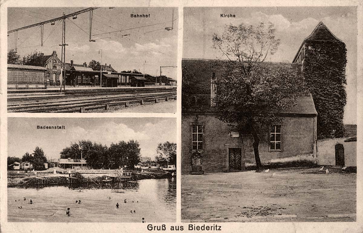 Biederitz. Bahnhof, Badeanstalt, Kirche, um 1910