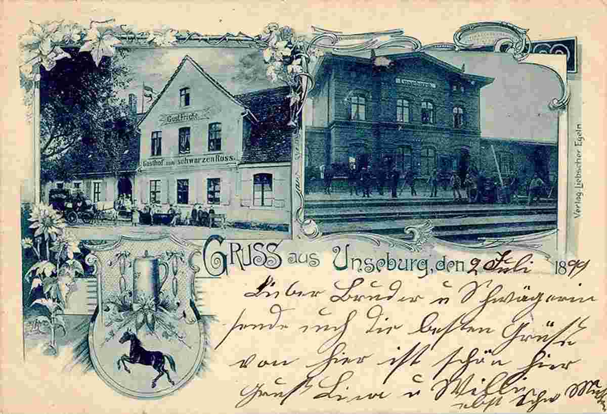 Bördeaue. Unseburg - Gasthaus Zum schwarzen Ross von Gust. Fricke, Bahnhof, 1899