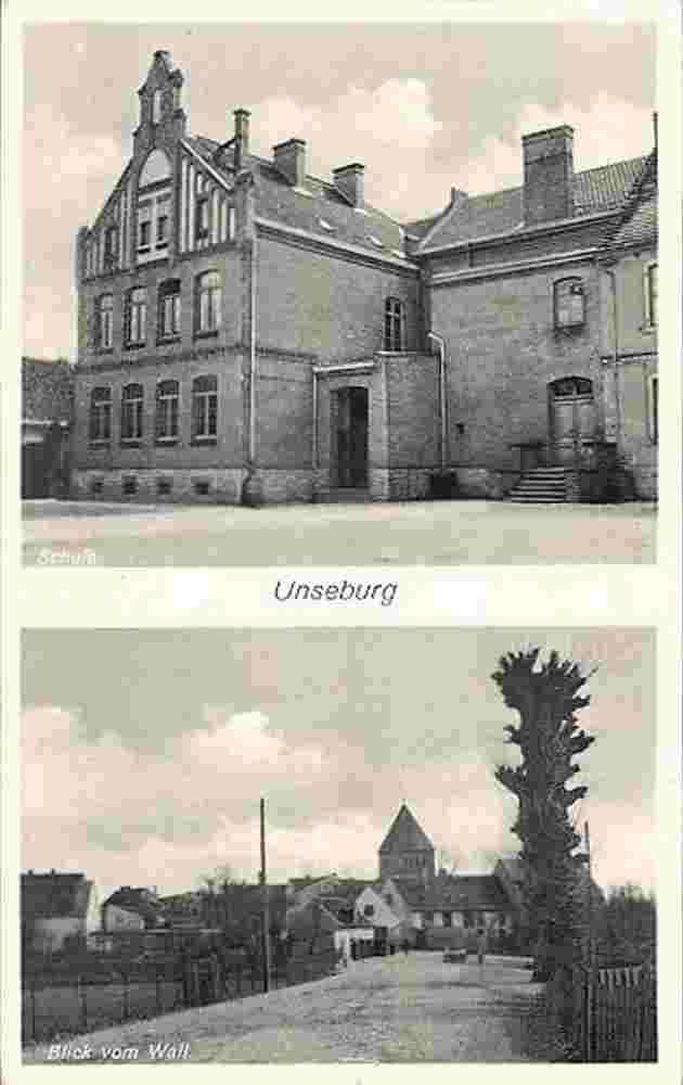 Bördeaue. Unseburg - Schule, Blick von Straße und Kirche, 1937