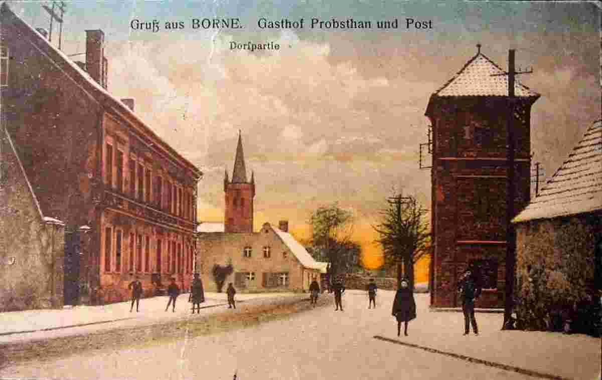 Borne. Winter, Kirche St Margareta, Gasthof 'Probsthan' und Post, 1909