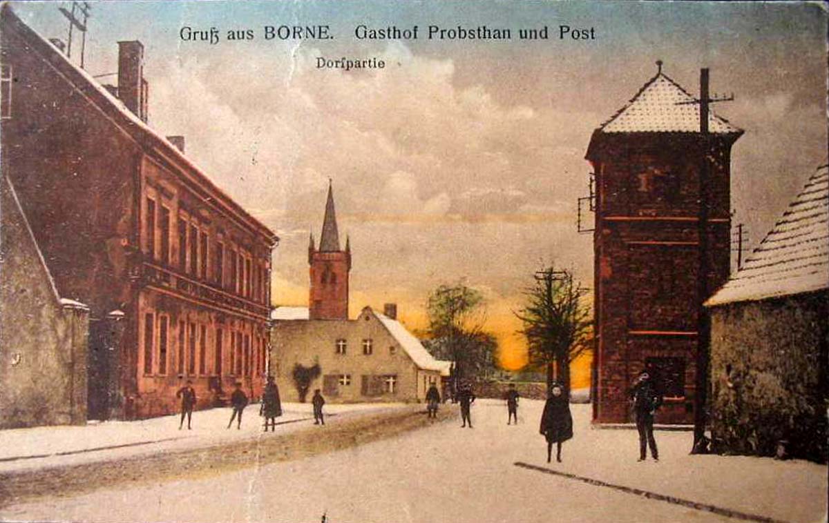 Borne (bei Staßfurt). Winter, Kirche St Margareta, Gasthof 'Probsthan' und Post, 1909