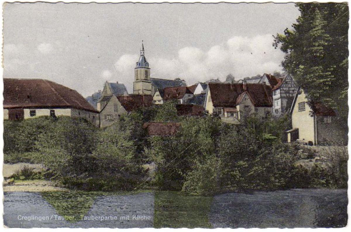 Creglingen. Panorama von fluss Tauber mit Kirche, 1963