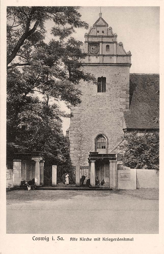 Coswig (Sachsen). Alte Kirche mit Kriegerdenkmal, 1926