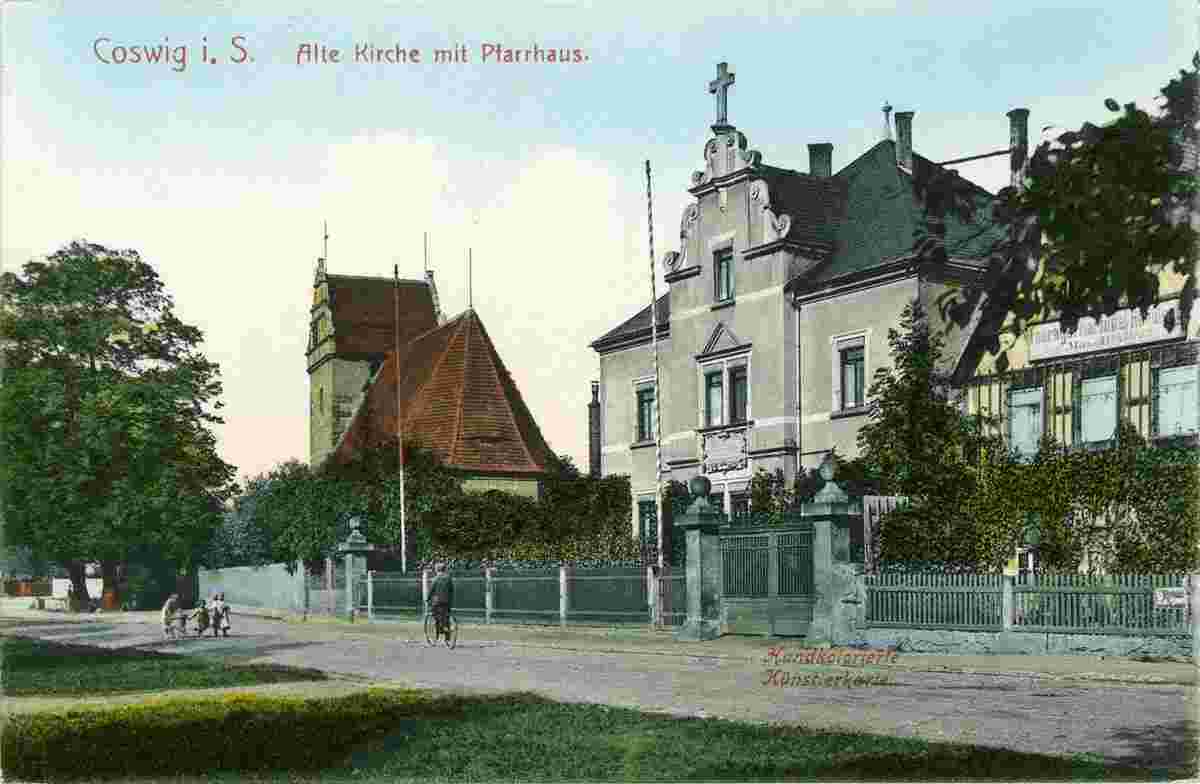 Coswig. Alte Kirche mit Pfarrhaus, 1908