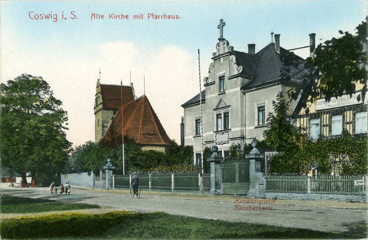 Coswig (Sachsen). Alte Kirche mit Pfarrhaus, 1908