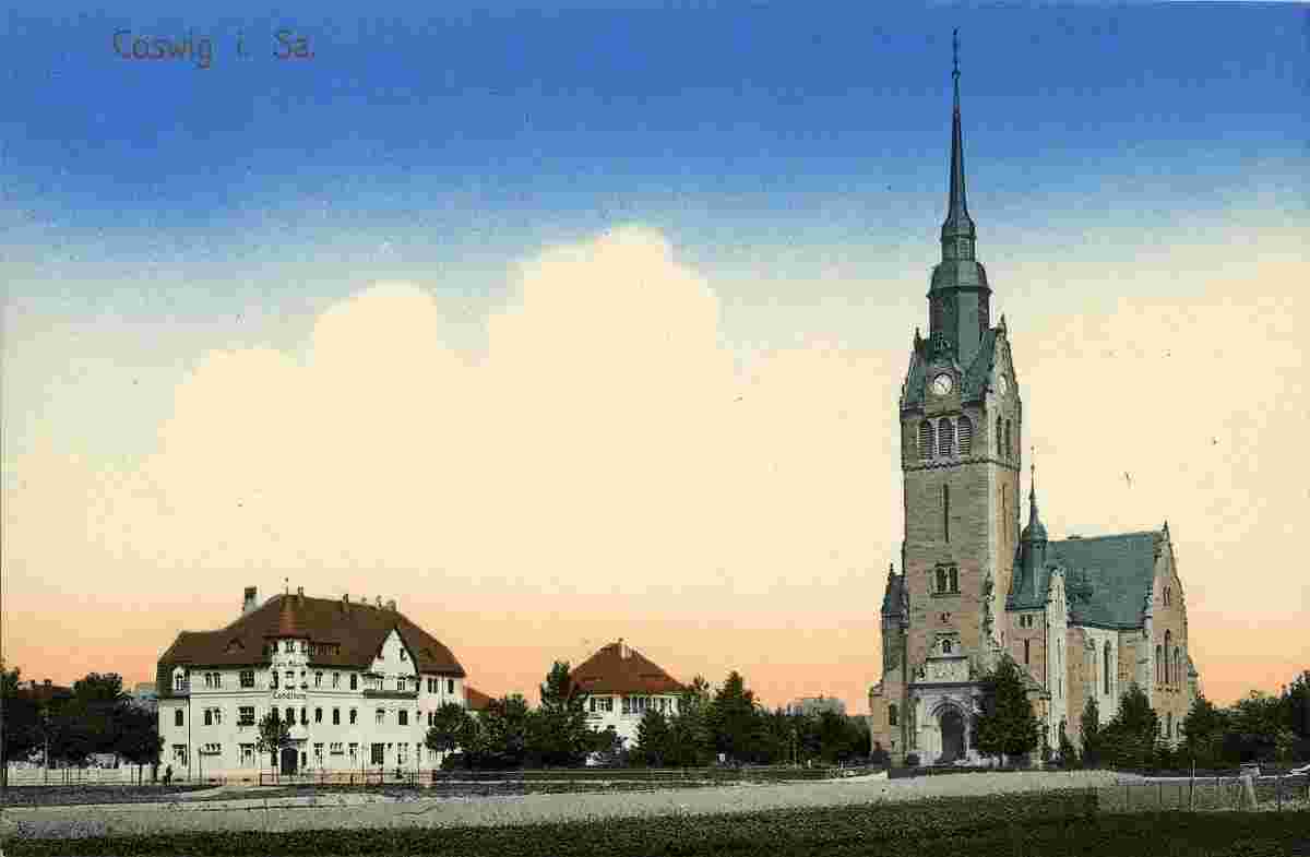 Coswig. Cafe Röder mit Konditorei und Kirche, 1912