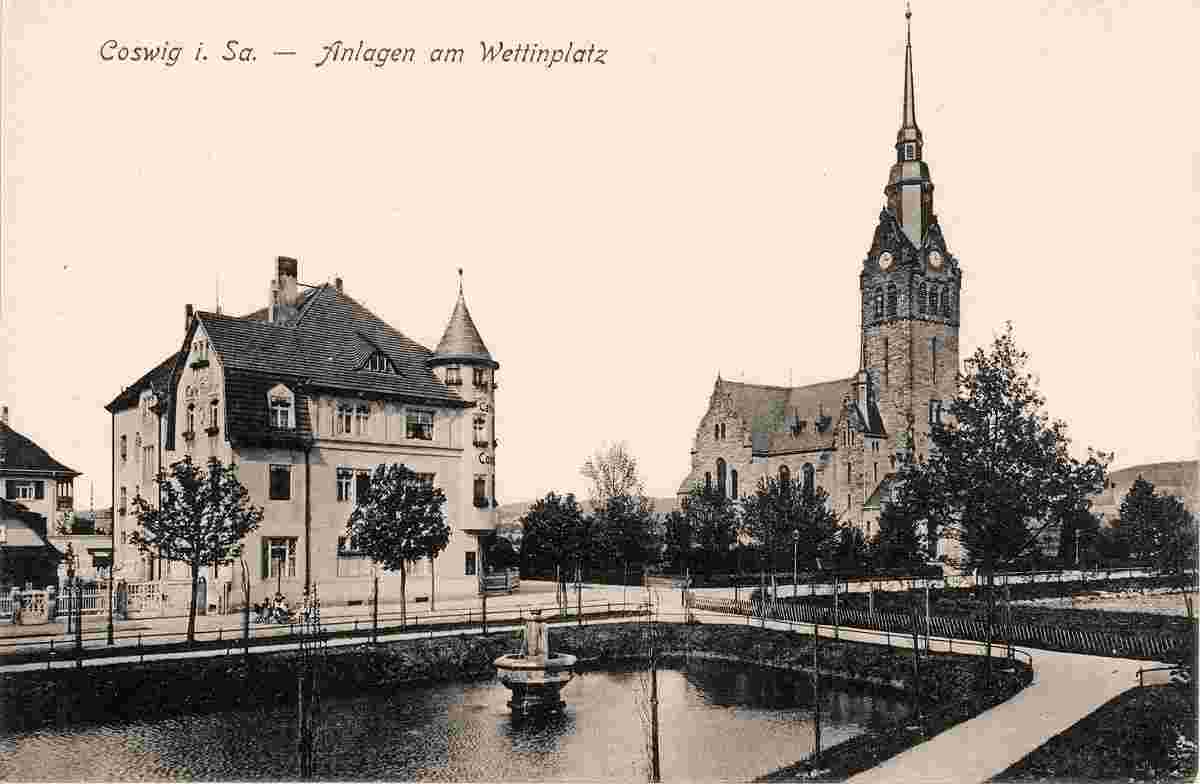 Coswig. Cafe Röder mit Konditorei und Kirche, Wettinplatz, 1913