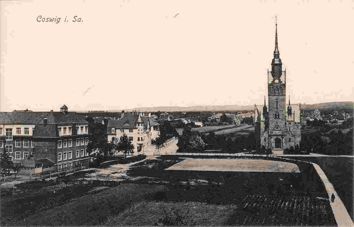 Coswig. Cafe Röder mit Konditorei und Kirche, Wettinplatz, 1912