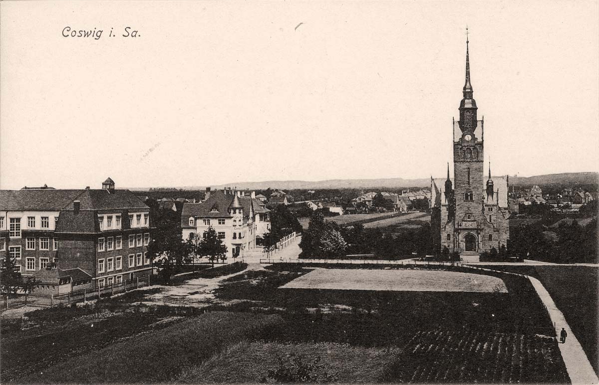 Coswig (Sachsen). Cafe Röder mit Konditorei und Kirche, Wettinplatz, 1912