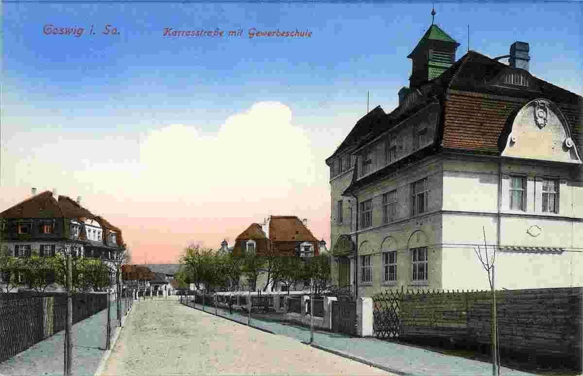 Coswig. Carrasstraße mit Gewerbeschule, 1915