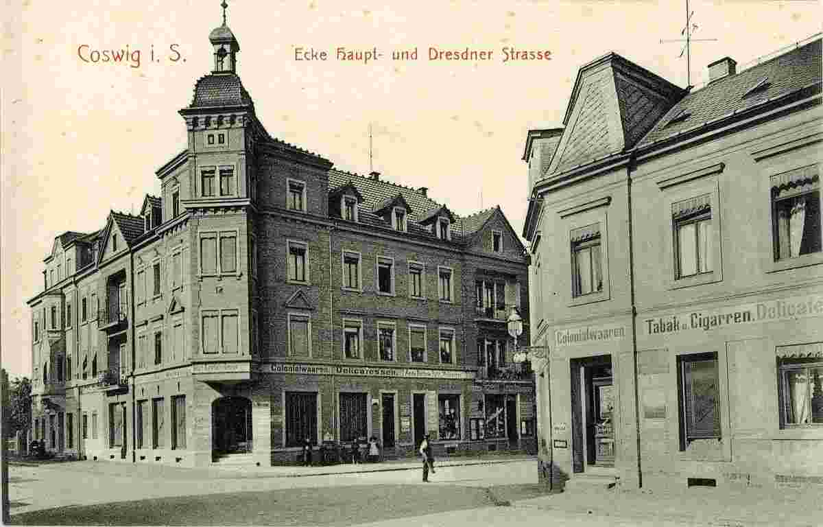 Coswig. Ecke Hauptstraße und Dresdner Straße, 1908