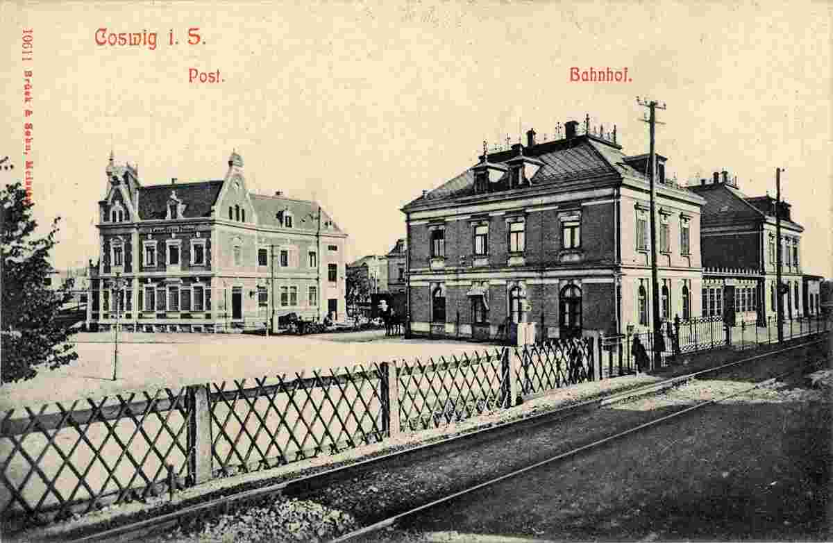 Coswig. Kaiserliches Postamt und Bahnhof, 1909