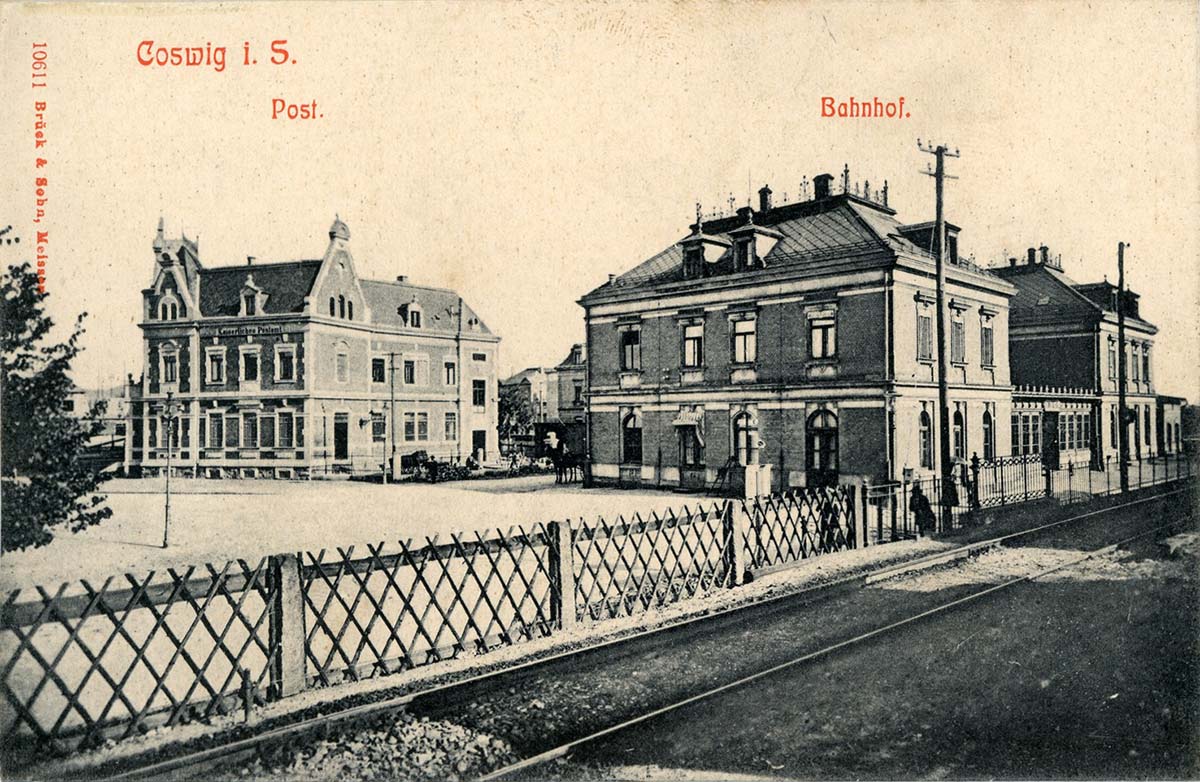 Coswig (Sachsen). Kaiserliches Postamt und Bahnhof, 1909