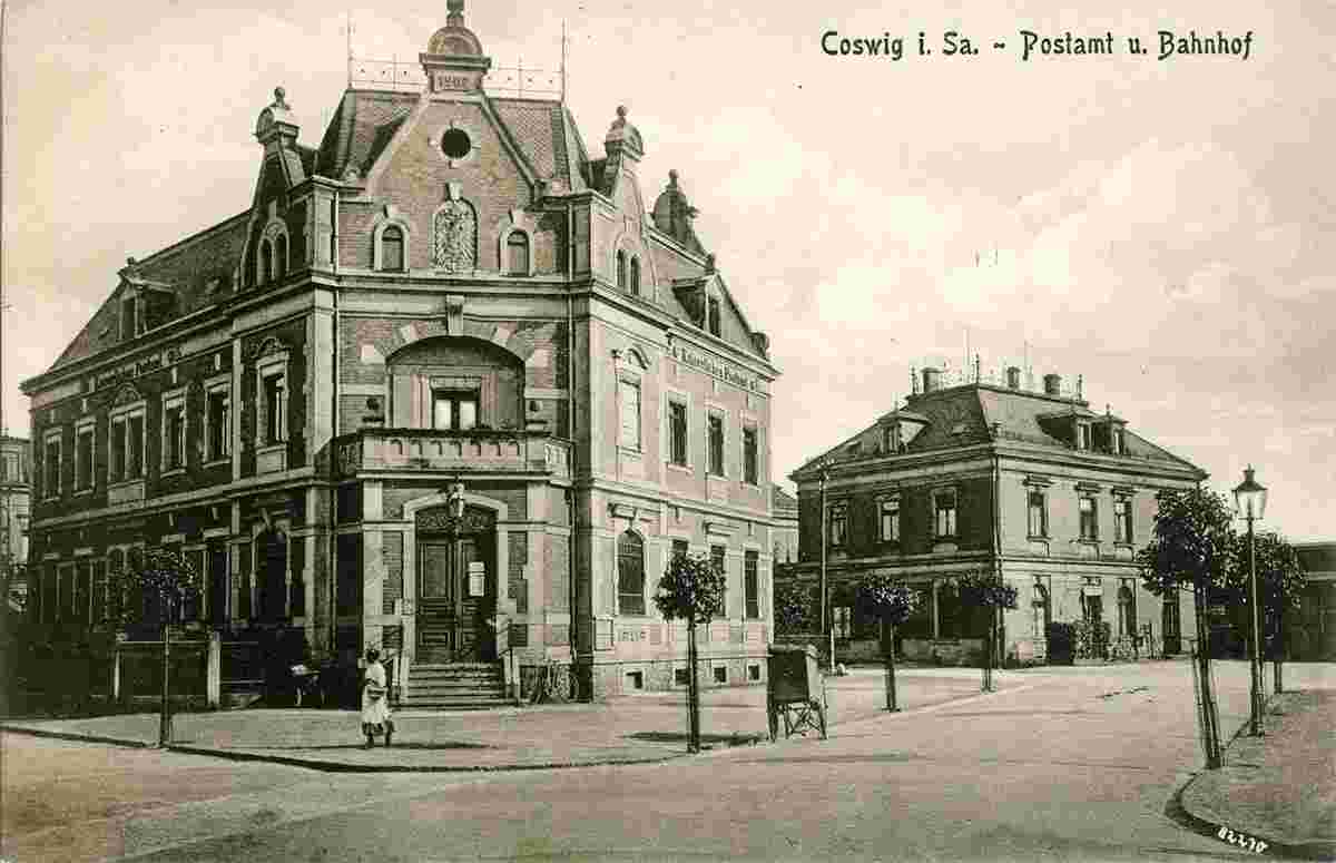 Coswig. Kaiserliches Postamt und Bahnhof, 1915