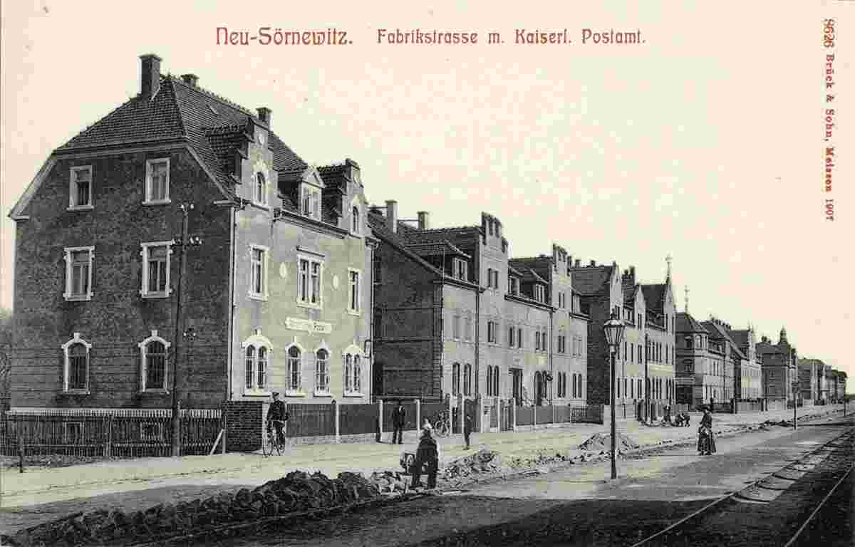 Coswig. Neusörnewitz - Fabrikstraße mit Kaiserliches Postamt, 1907