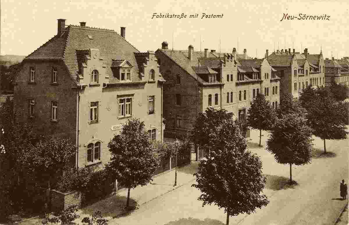Coswig. Neusörnewitz - Fabrikstraße mit Kaiserliches Postamt, 1918