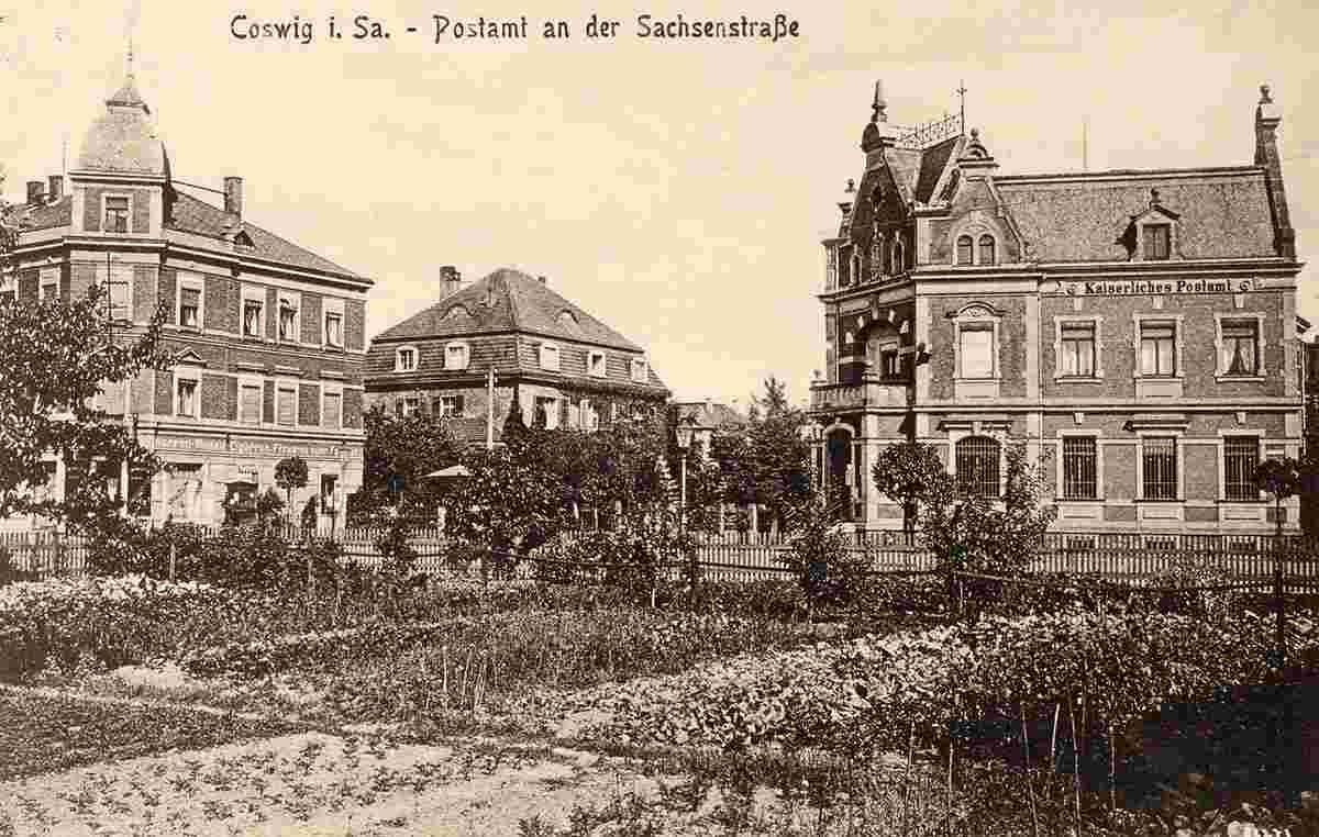 Coswig. Sachsenstraße, Kaiserliches Postamt sowie Wohnhäuser, um 1900