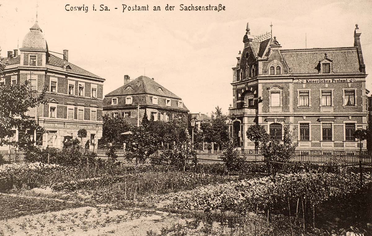 Coswig (Sachsen). Sachsenstraße, Kaiserliches Postamt sowie Wohnhäuser, um 1900