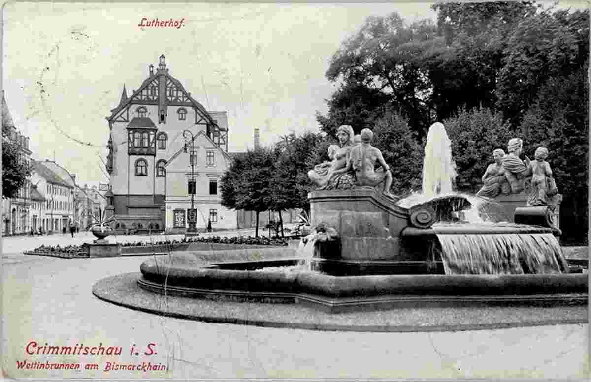 Crimmitschau. Wettinbrunnen am Bismarckhain, Lutherhof, 1924