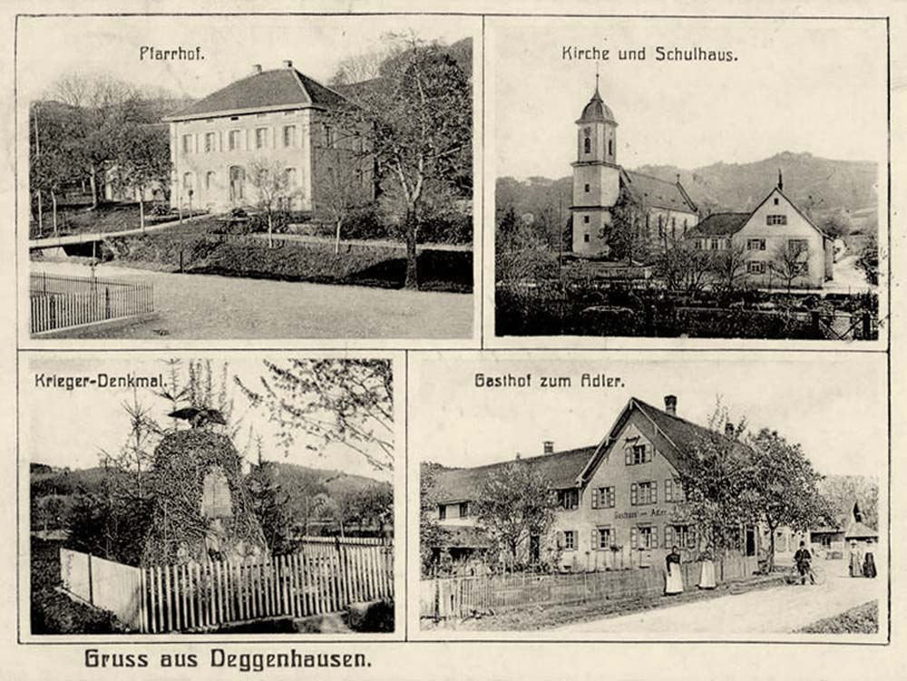 Deggenhausertal. Deggenhausen - Pfarrhof, Kirche und Schulhaus, Gasthaus zum Adler