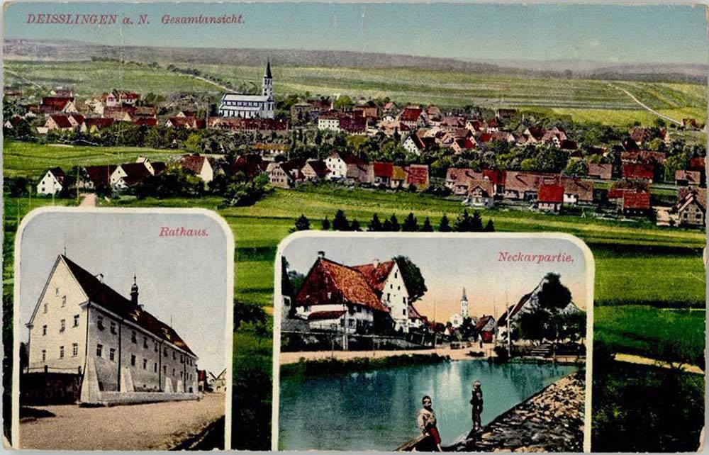 Panorama von Deißlingen mit Kirche, Rathaus und fluss Neckar