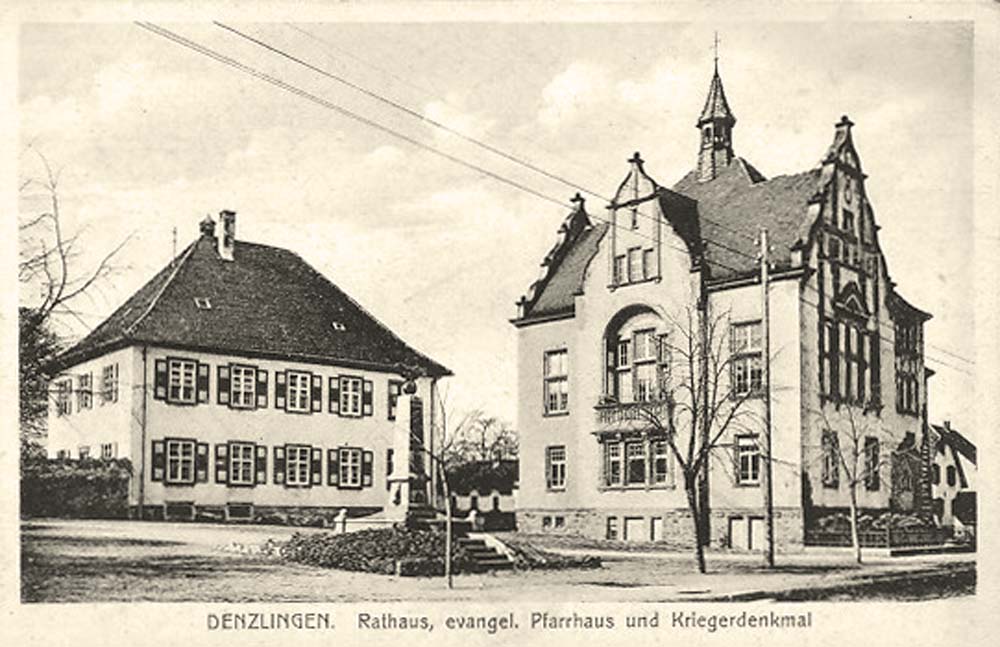 Denzlingen. Rathaus, evangelisches Pfarrhaus und Kriegerdenkmal