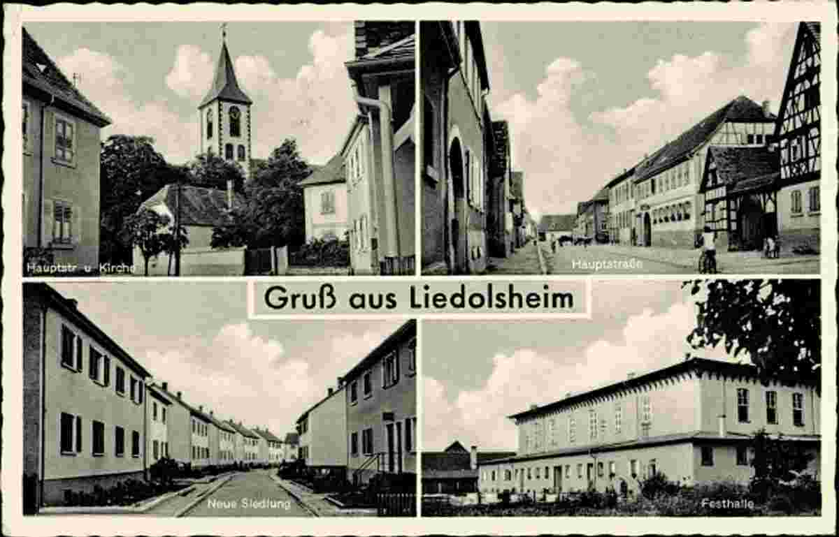 Dettenheim. Liedolsheim - Hauptstraße und Kirche, 1957