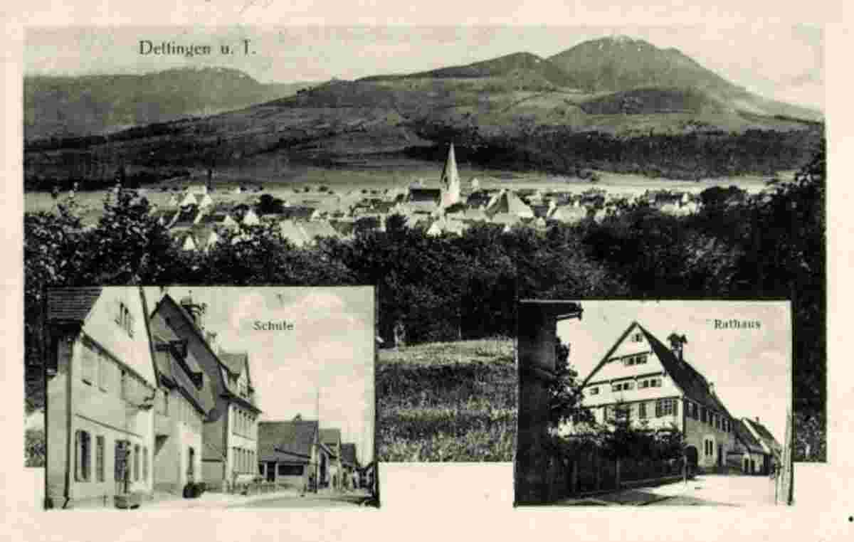 Panorama von Dettingen unter Teck, Schule und Rathaus, 1922