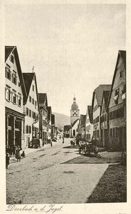 Dörzbach. Panorama von Straße und Kirche, um 1930s