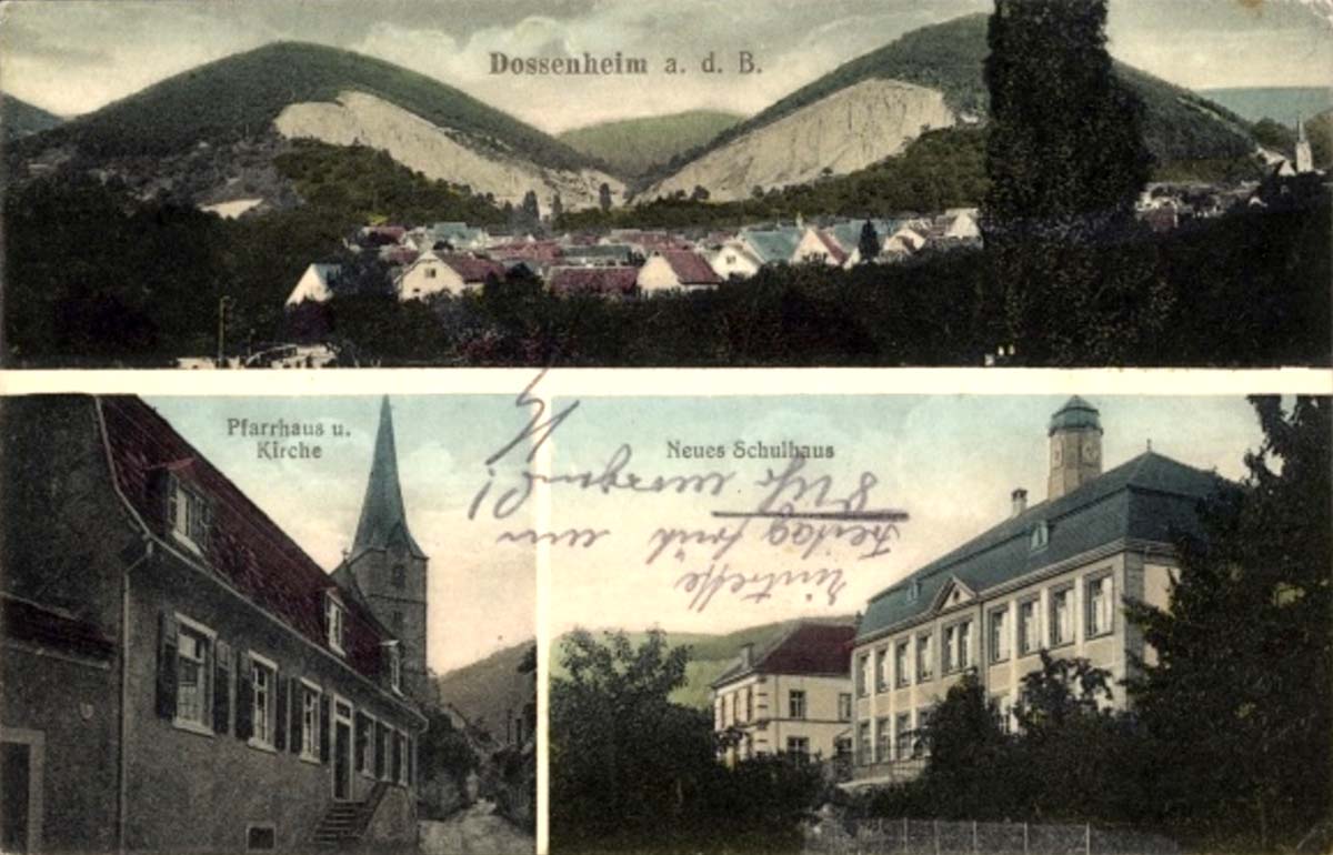 Dossenheim. Pfarrhaus und Kirche, Neues Schulhaus, 1925