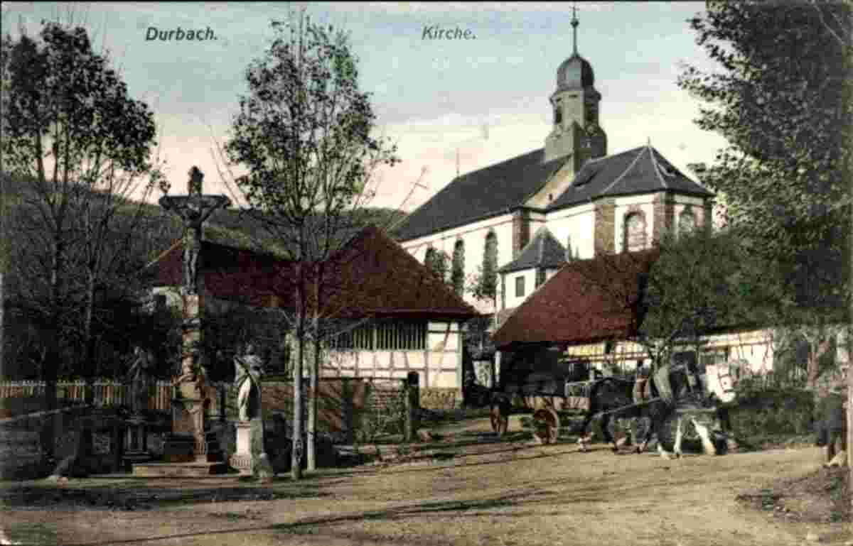 Durbach. Kirche, Pferdegespann, Kruzifix