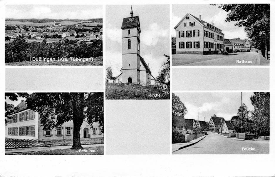 Dußlingen. Kirche, Rathaus, Brücke und Schulhaus, 1961