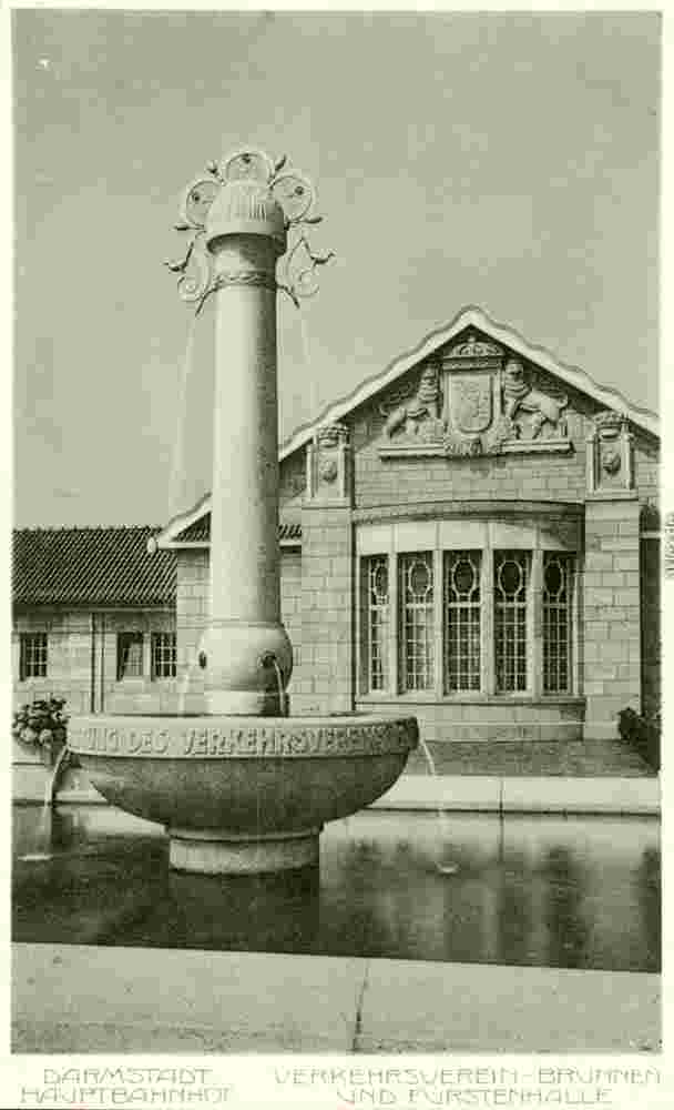 Darmstadt. Hauptbahnhof, Verkehrsverein - Brunnen und Fürstenhalle, 1928