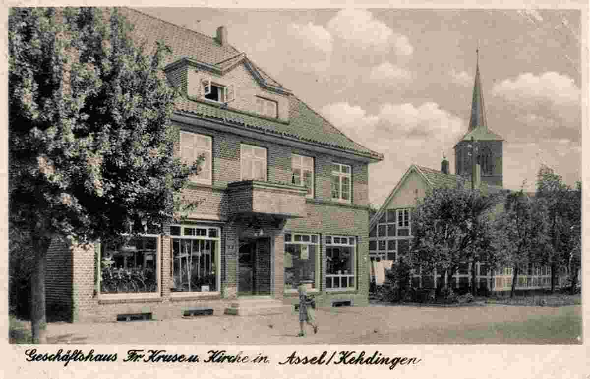 Drochtersen. Assel - Geschäftshaus Frau Kruse und Kirche, 1945