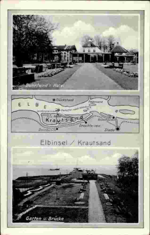 Drochtersen. Elbinsel Krautsand - Buhrfeind Hotel, Karte, Garten und Brücke, 1939