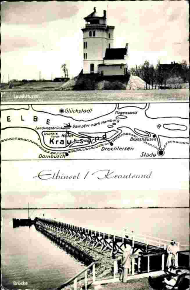 Drochtersen. Elbinsel Krautsand - Leuchtturm, Karte, Brücke, 1977