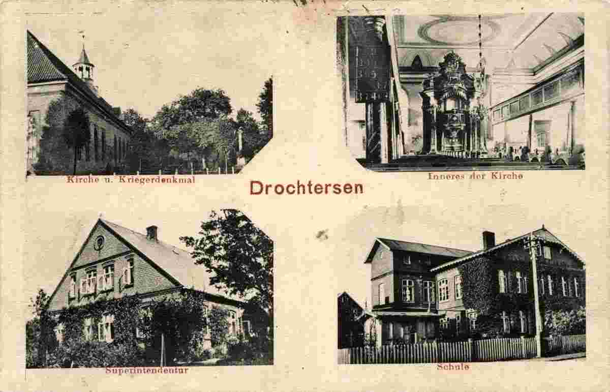 Drochtersen. Kirche und Kriegerdenkmal, Superintendentur, Schule, 1909